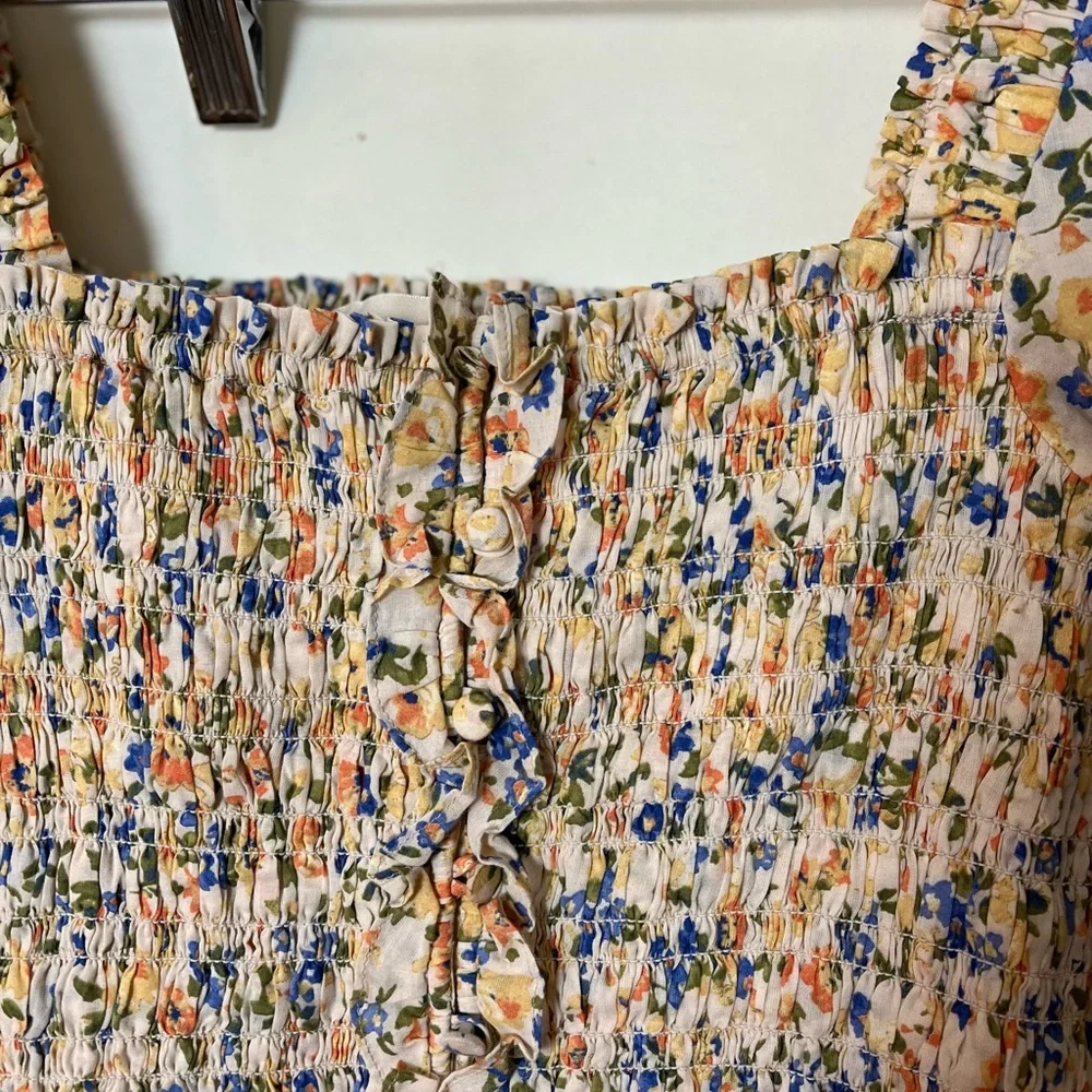 Sezane Floral Smocked Puff-Sleeve Crop Top in Yellow and Blue - Picture 7 of 7